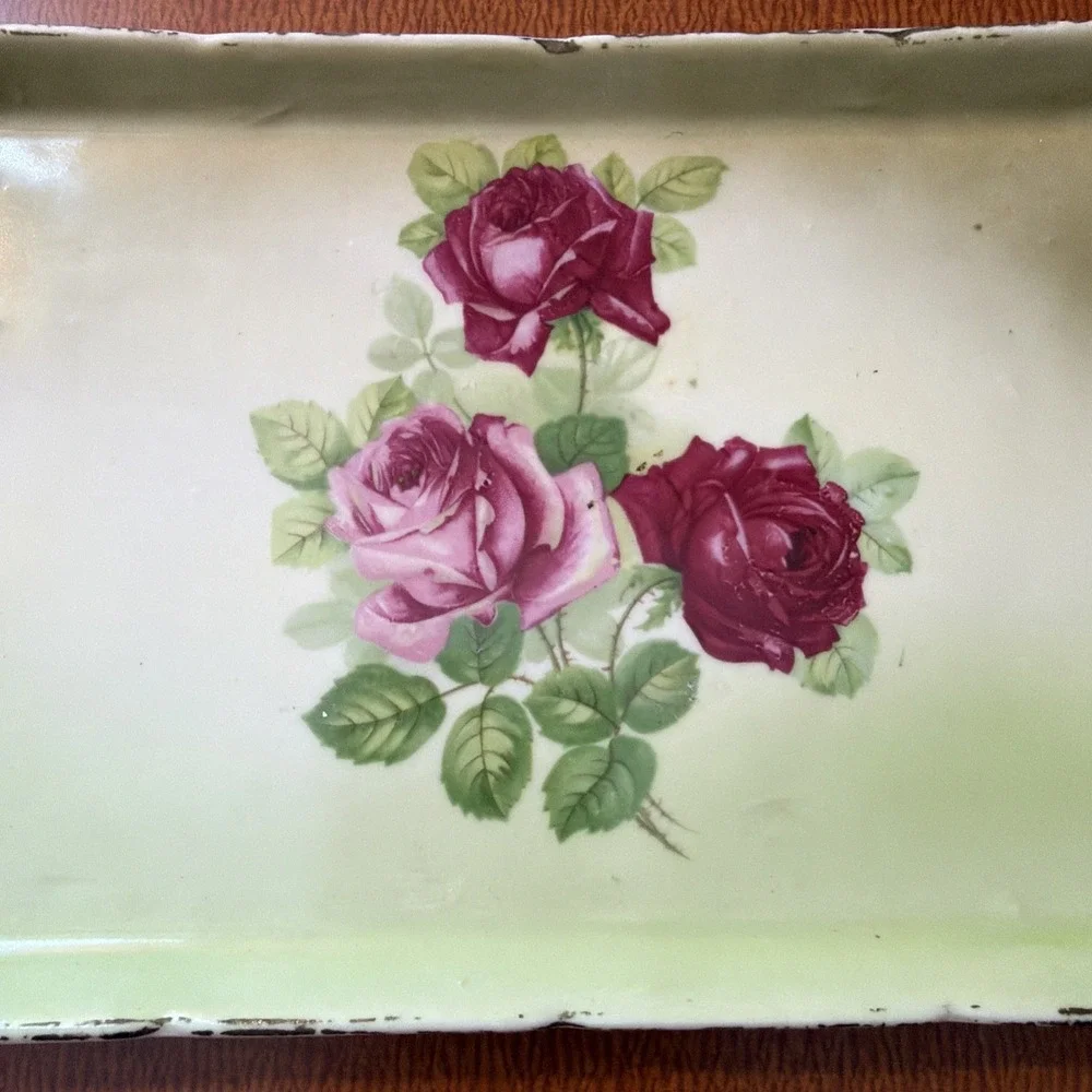 Vtg Painted Vanity Tray From Austria Pink Roses Gold Trim 8.5